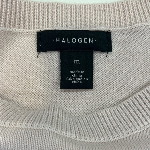 Halogen Merino Wool Feather Hem Sweater Top Medium Blush Beige Ostrich Trim - Picture 9 of 10